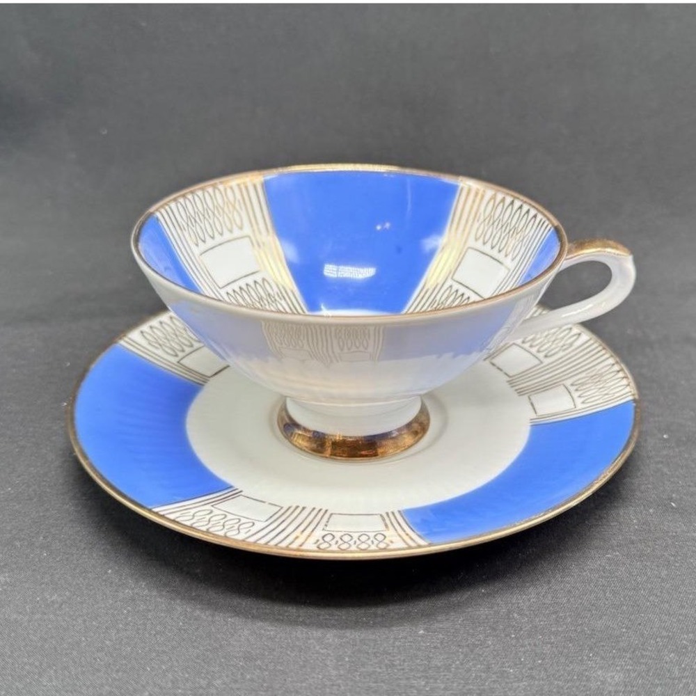 Bareuther Waldsassen‎ Bavaria Teacup Saucer Set Blue Gold Gilt Vintage Germany